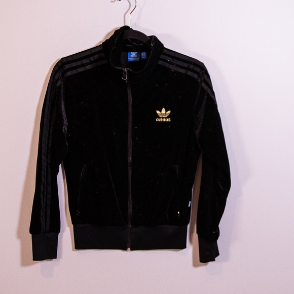 Adidas Women's Velvet Velour Full Zip Black Gold Three Stripe Track Jacket Small - Picture 1 of 4